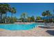 Community pool surrounded by palm trees, lounge chairs, tables and umbrellas at 304 Silver Falls Dr, Apollo Beach, FL 33572