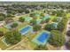 Aerial view of the tennis courts surrounded by mature trees and the community on a sunny day at 23227 Club Villas Dr # 38, Land O Lakes, FL 34639