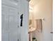 Powder room features a pedestal sink, decorative mirror and lighting, and a towel rack at 12239 Fawn Brindle St, Riverview, FL 33578