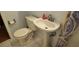 Compact bathroom with a sink, toilet, patterned shower curtain, and tile flooring at 8006 N Temple Pl, Tampa, FL 33617