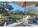 Relaxing outdoor balcony with comfortable seating and views of the manicured landscaping at 9250 Rhea Dr, Odessa, FL 33556