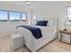 Cozy bedroom featuring a bed with blue pillows and a blue throw, and a window with a waterfront view at 1201 Bay Dr, Belleair Beach, FL 33786
