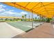 Outdoor shuffleboard courts under a bright yellow awning, surrounded by palm trees at 31837 Cannon Rush Dr, San Antonio, FL 33576