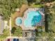 Aerial view of a community pool with lounge chairs, jacuzzi, and surrounding trees at 6262 Maisie Rd, Zephyrhills, FL 33542