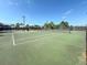 Community tennis court with a green surface, nets, and distant palm trees at 9636 Channing Hill Dr, Ruskin, FL 33573