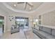 Bright living room boasts comfortable seating, stylish decor, and sliding glass doors to the outdoor living space at 11008 Sand Pine Ln, Parrish, FL 34219