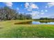 Expansive backyard featuring lush green lawn and serene pond views at 11912 Richmond Trl, Parrish, FL 34219