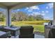 Inviting covered patio boasts comfortable seating and scenic pond views at 11912 Richmond Trl, Parrish, FL 34219
