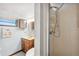 Bathroom featuring a shower stall, wood vanity, blue walls, and neutral flooring at 37150 Sandra Ave, Zephyrhills, FL 33542
