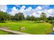 Lush golf course with mature trees, manicured green and a tranquil bench for relaxing after a round of golf at 37150 Sandra Ave, Zephyrhills, FL 33542