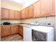 Well-organized laundry room featuring ample cabinets, granite counters, a sink, and modern washer and dryer at 1605 Emerald Dunes Dr, Sun City Center, FL 33573