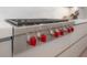 Close-up of a high-end stainless steel Wolf gas range with red knobs at 4110 W Swann Ave, Tampa, FL 33609