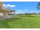 Spacious backyard showcasing a covered patio, lush lawn, and serene golf course views at 8977 Players Dr, Brooksville, FL 34613