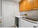 This laundry room boasts a new washer/dryer and convenient overhead storage at 1240 Ridgegrove S Dr, Palm Harbor, FL 34683