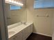 Bathroom featuring a double vanity, large mirror, and wood-look tile floor at 8019 Brien Green Way, Temple Terrace, FL 33637