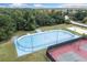 View of the blue skating rink, tennis courts, and sand volleyball court in a landscaped recreational area at 11008 Tahiti Isle Ln, Tampa, FL 33647