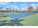Well-maintained tennis court with blue and green surface, surrounded by palm trees, perfect for recreational play at 1545 Deerbourne Dr, Wesley Chapel, FL 33543
