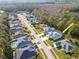 Aerial view of a neighborhood street highlights this home with a screened pool and three-car garage at 12545 Leatherleaf Dr, Tampa, FL 33626