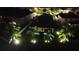 Aerial view of a home at night with palm trees, landscape lighting, and neighboring homes at 13359 Orca Sound Dr, Riverview, FL 33579