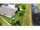 Aerial view of the backyard, featuring a lush lawn, palm trees, and water view at 13359 Orca Sound Dr, Riverview, FL 33579
