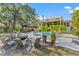 Expansive backyard with pool, covered dining area, fire pit, and lush landscaping, ideal for entertaining at 5010 W Dickens Ave, Tampa, FL 33629