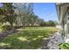 Large grassy backyard bordered by mature trees and landscaping on a beautiful sunny day at 988 Villeroy Greens Dr, Sun City Center, FL 33573