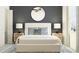 Bedroom featuring a decorative headboard, two end tables, and coordinating decorative pillows at 10807 Fort White Ct, Tampa, FL 33647
