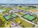 An aerial view showcases a vibrant community featuring tennis courts, a pool, and well-maintained landscaping at 31675 Cannon Rush Dr, San Antonio, FL 33576