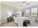 Bright bedroom featuring large windows, plush carpet, ceiling fan, and stylish furnishings at 31675 Cannon Rush Dr, San Antonio, FL 33576