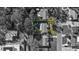 Monochrome aerial view focuses on property, emphasizing its lush lawn, mature trees, and serene neighborhood setting at 4106 W Bay View Ave, Tampa, FL 33611