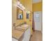 Well-lit bathroom featuring a vanity with stone countertop, decorative mirror, and a white door at 11209 Bloomington Dr, Tampa, FL 33635