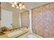 Bathroom featuring a patterned shower curtain, vanity, and mirror, providing a comfortable space at 11209 Bloomington Dr, Tampa, FL 33635