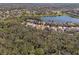 Aerial view of the neighborhood and house location featuring a lake nearby, and many trees at 13711 Moonstone Canyon Dr, Riverview, FL 33579