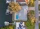 A high-angle view of the backyard pool and deck, adjacent to a private dock on the waterway at 3961 12Th Ne St, St Petersburg, FL 33703