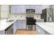 Updated kitchen featuring stainless steel appliances, marble countertops, and stylish gray cabinets at 4512 Paper Mulberry Pl, Riverview, FL 33578