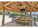 Outdoor tiki bar with a thatched roof, ceiling fan, multiple speakers, and a mounted television for community residents at 1030 Bellasol Way # 302, Apollo Beach, FL 33572