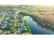 Aerial view of neighborhood with a pond and mature trees lining the street at 3339 Brenford Pl, Land O Lakes, FL 34638