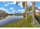 Scenic backyard view with a serene pond, framed by tall trees and a black metal fence at 3339 Brenford Pl, Land O Lakes, FL 34638