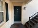 Solid dark green front door with window and black hardware and stairs leading up to it at 10346 Carrollwood Ln # 171, Tampa, FL 33618