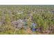 Aerial view of a lush, wooded property with multiple buildings, a screened-in pool, and dense trees at 17480 Nuthatch Rd, Weeki Wachee, FL 34614