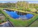 Aerial view of a tranquil pond with a fountain and lush landscaping at 17628 Breakaway St, Land O Lakes, FL 34638