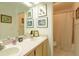 Bright bathroom featuring double sinks, framed cat art, and a shower with neutral colored curtain at 18934 Avenue Biarritz, Lutz, FL 33558