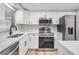 Sleek kitchen featuring stainless steel appliances, white cabinetry, and elegant countertops at 2043 Erin Dr, Holiday, FL 34690