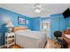 Bright bedroom with blue walls, ceiling fan, and closet storage at 5125 Jo St, Zephyrhills, FL 33542