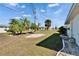 Grassy backyard featuring mature palm trees, a small rock garden and neighboring homes in a desirable community at 1531 Council Dr, Sun City Center, FL 33573