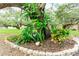 A lush landscaping bed featuring mature trees and flowering plants is framed by a decorative stone border at 36947 Beth Ave, Zephyrhills, FL 33542