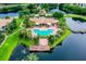 Drone's eye view highlighting property's pool, landscaping, and lake at 10265 Gandy N Blvd # 1806, St Petersburg, FL 33702