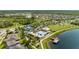 Aerial view showcases community pool, tennis court, playground, and serene lakeside dock at 18329 Roseate Dr, Lutz, FL 33558