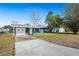 Charming blue single-story home featuring a long driveway, front lawn, and attached single-car garage at 39035 Citadel Cir, Zephyrhills, FL 33542