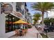 Outdoor seating at Nature's Food Patch with palm trees, umbrellas, and a downtown market setting at 567 Baywood S Dr, Dunedin, FL 34698